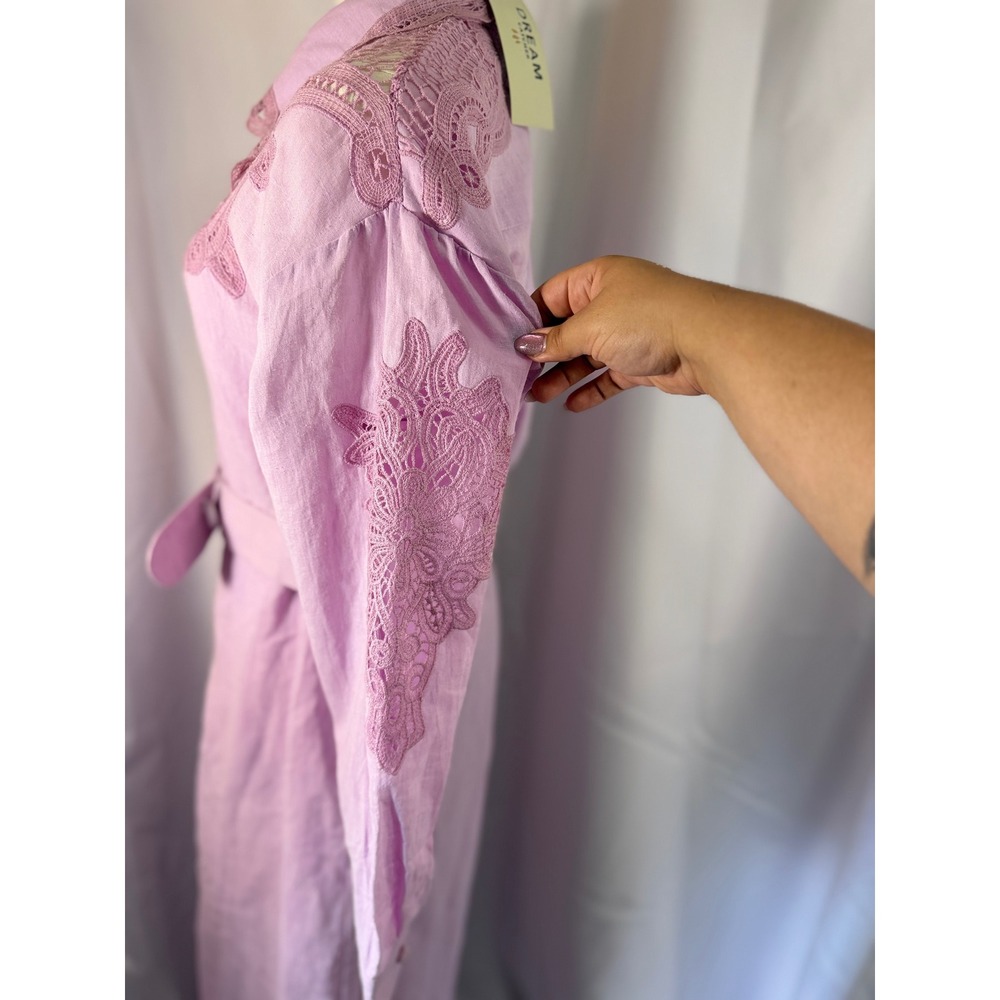Dream Catcher Lilac Pink Ramie Crochet Lace Belted Shirtdress NWT Size M - Picture 5 of 16